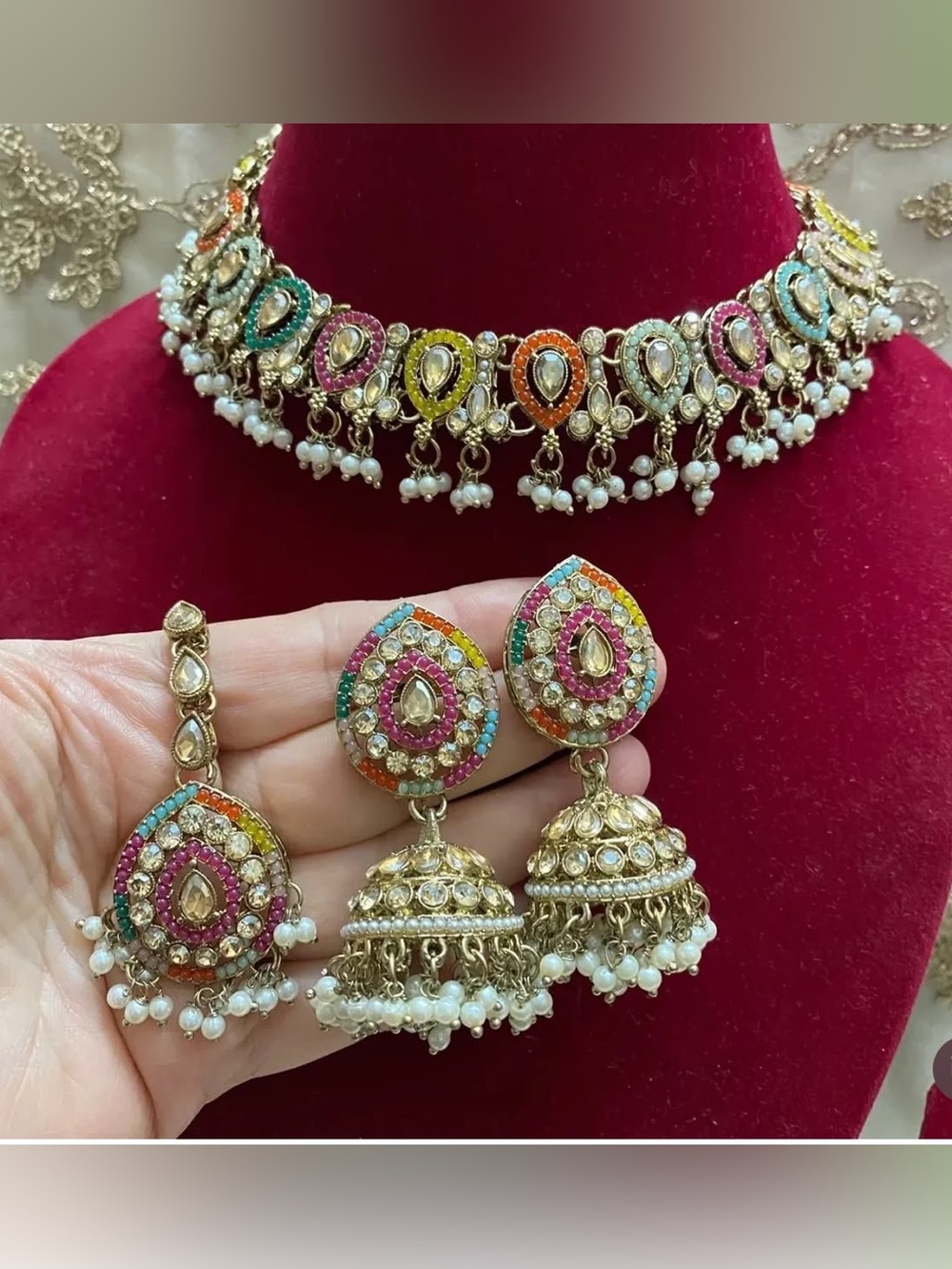 Multicolor Kundan Choker Necklace & Jhumka Earring Set - Women Jewelry